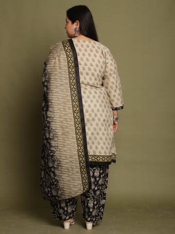 Beige Cotton Blend Printed Ready to Wear Patiala Salwar Suit