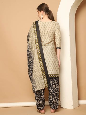 Beige Cotton Blend Printed Readymade Patiala Salwar Suit