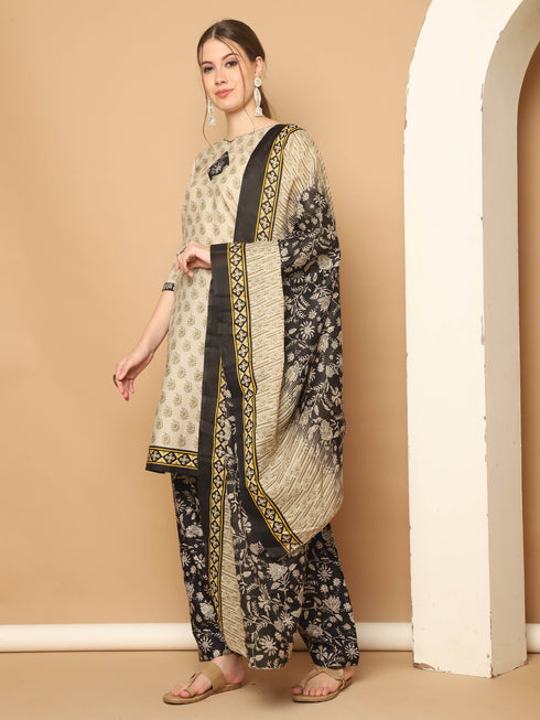 Beige Cotton Blend Printed Readymade Patiala Salwar Suit