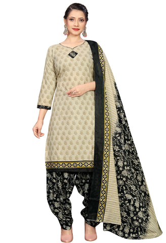 Beige Cotton Blend Printed Readymade Patiala Salwar Suit
