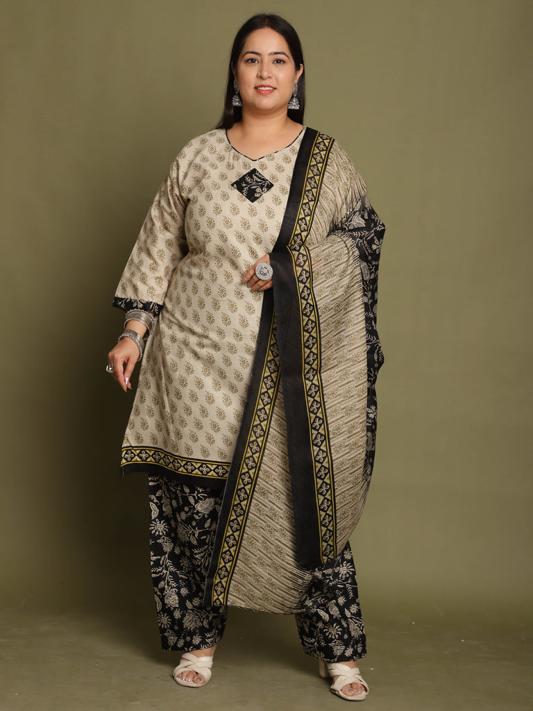 Beige Cotton Blend Printed Ready to Wear Patiala Salwar Suit