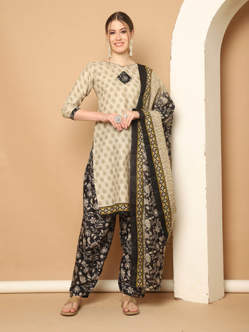 Beige Cotton Blend Printed Readymade Patiala Salwar Suit