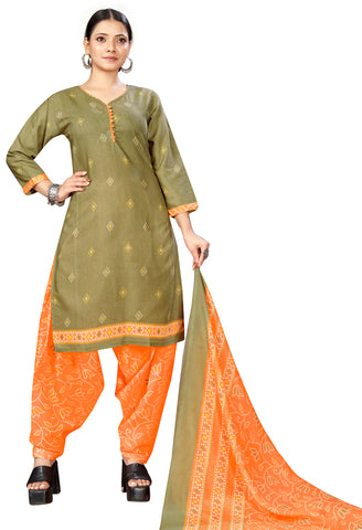 Mahendi Green  Cotton Blend Printed Readymade Patiala Salwar Suit