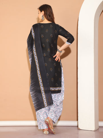 Black Cotton Blend Printed Readymade Patiala Salwar Suit