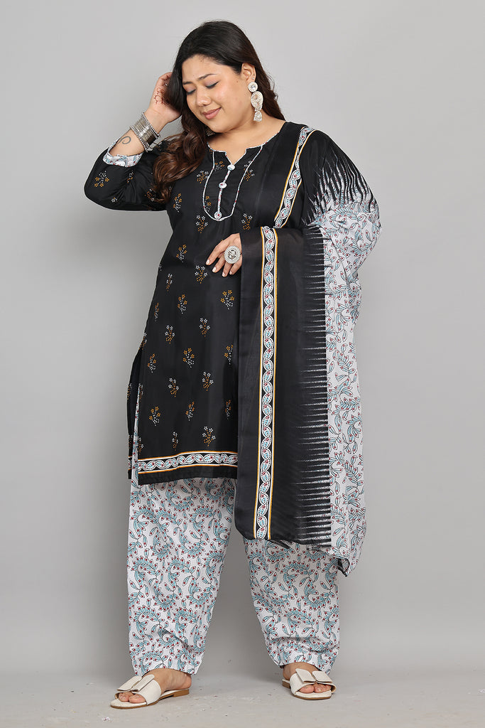 Black Cotton Blend Printed Ready to Wear Patiala Salwar Suit