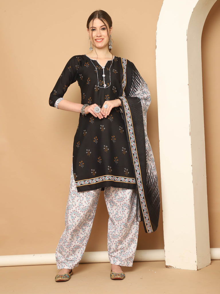 Black Cotton Blend Printed Ready to Wear Patiala Salwar Suit