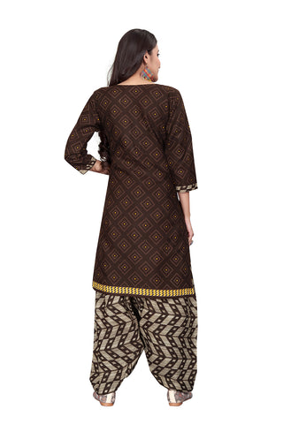 Brown Cotton Blend Printed Ready to Wear Patiala Salwar Suit