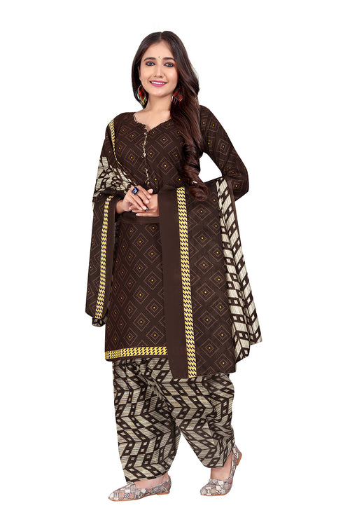 Brown Cotton Blend Printed Ready to Wear Patiala Salwar Suit
