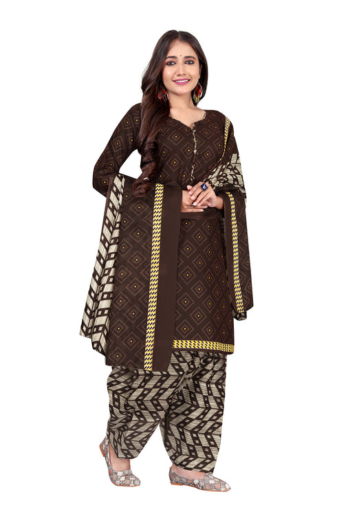 Brown Cotton Blend Printed Ready to Wear Patiala Salwar Suit
