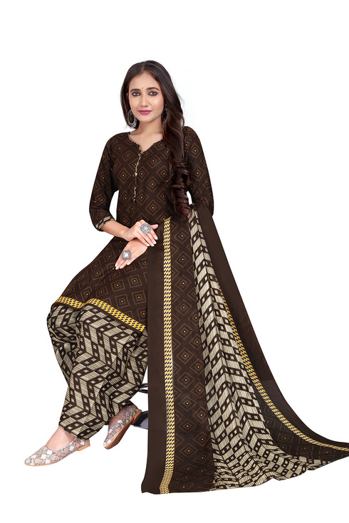 Brown Cotton Blend Printed Ready to Wear Patiala Salwar Suit
