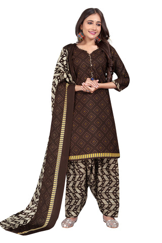 Brown Cotton Blend Printed Ready to Wear Patiala Salwar Suit