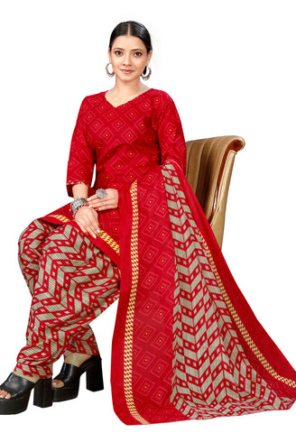 Red Cotton Blend Printed Readymade Patiala Salwar Suit