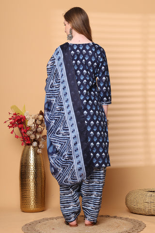 Rajnandini Navy Blue & White Cotton Blend Printed Ready to Wear Patiala Salwar Suit