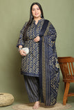 Navy Blue Cotton Blend Printed Plus Size Ready to Wear Patiala Salwar Suit