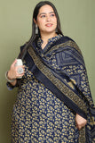 Navy Blue Cotton Blend Printed Plus Size Ready to Wear Patiala Salwar Suit