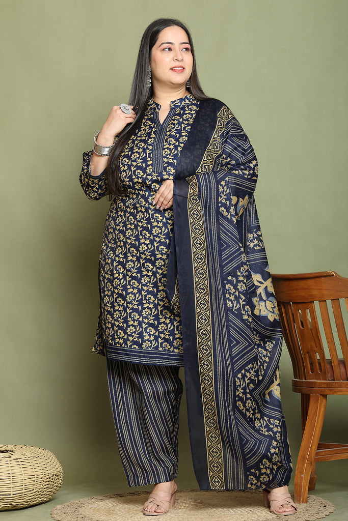 Navy Blue Cotton Blend Printed Ready to Wear Patiala Salwar Suit