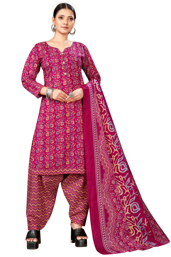 Magenta Cotton Blend Printed Ready to Wear Patiala Salwar Suit