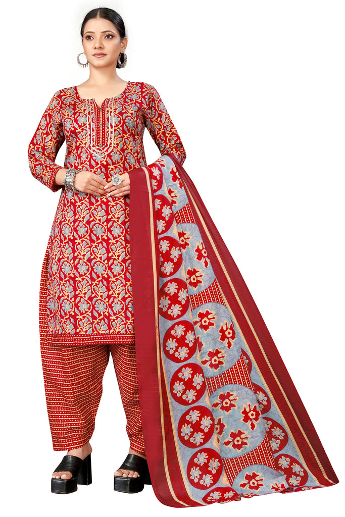 Maroon Cotton Blend Printed Ready to Wear Patiala Salwar Suit