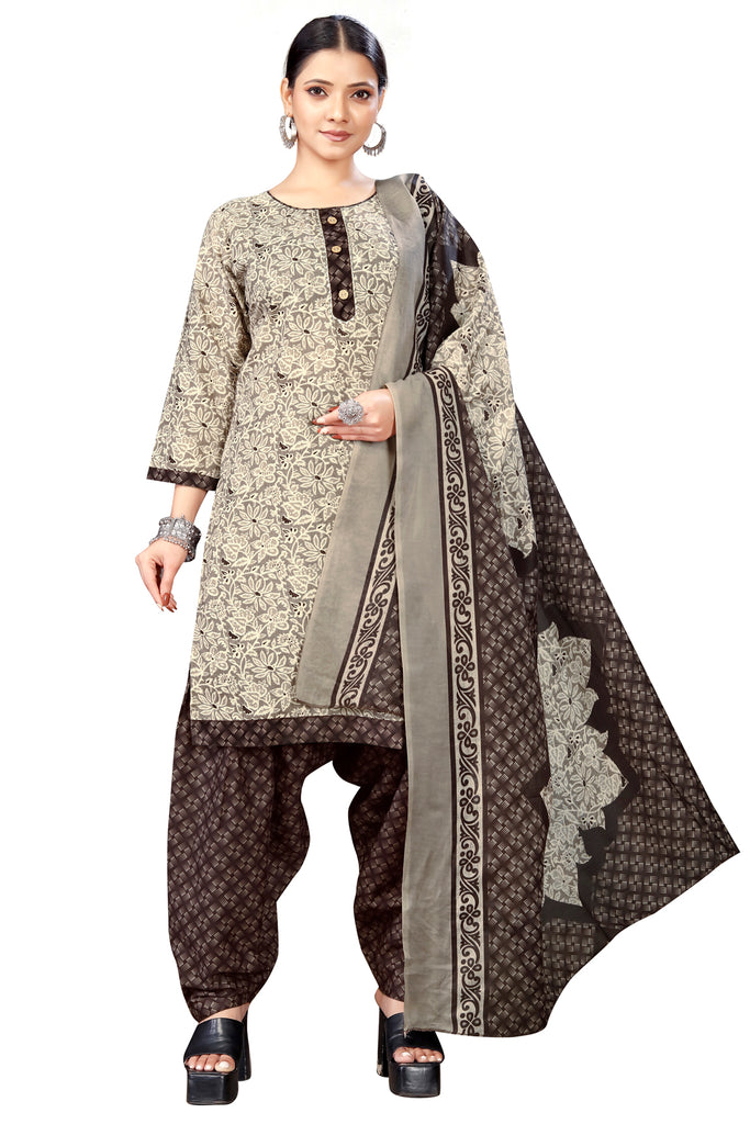 Grey Cotton Blend Printed Ready to Wear Patiala Salwar Suit