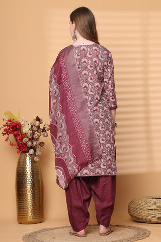 Rajnandini Wine Cotton Blend Printed Ready to Wear Patiala Salwar Suit