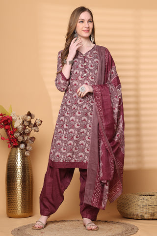 Rajnandini Wine Cotton Blend Printed Ready to Wear Patiala Salwar Suit