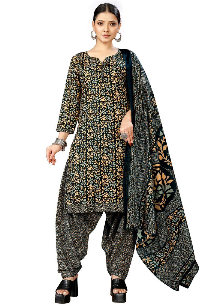 Black & Beige Cotton Blend Printed Ready to Wear Patiala Salwar Suit