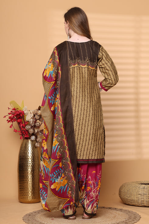 Khaki Cotton Blend Printed Ready to Wear Patiala Salwar Suit