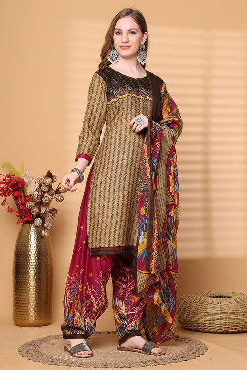 Khaki Cotton Blend Printed Ready to Wear Patiala Salwar Suit