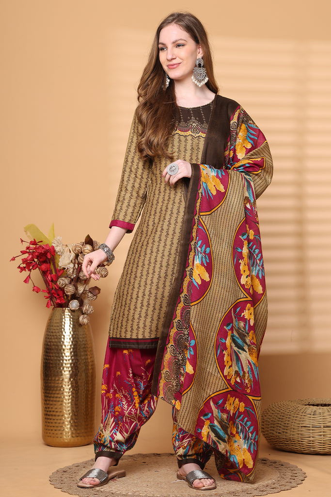 Rajnandini Khaki Cotton Blend Printed Ready to Wear Patiala Salwar Suit