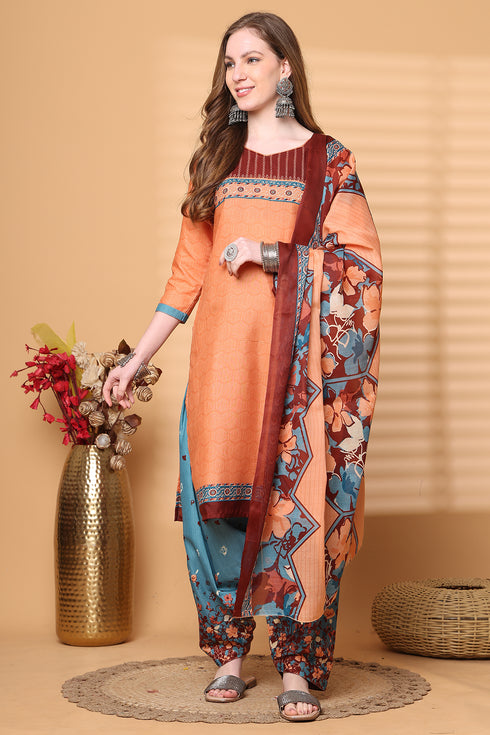 Light Orange Cotton Blend Printed Ready to Wear Patiala Salwar Suit