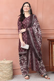 Wine Cotton Blend Printed Ready to Wear Patiala Salwar Suit