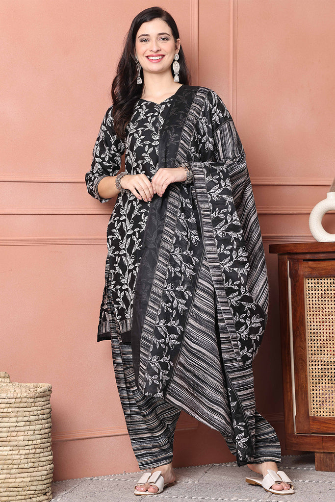 Black & White Cotton Blend Printed Ready to Wear Patiala Salwar Suit