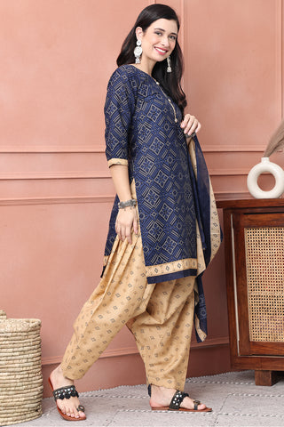 Navy Blue Cotton Blend Printed Ready to Wear Patiala Salwar Suit