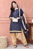 Navy Blue Cotton Blend Printed Ready to Wear Patiala Salwar Suit