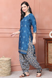 Blue Cotton Blend Printed Ready to Wear Patiala Salwar Suit