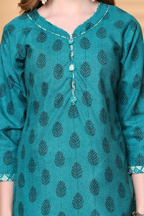 Rajnandini Teal Green Cotton Blend Printed Ready to Wear Patiala Salwar Suit