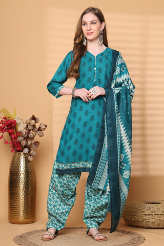 Rajnandini Teal Green Cotton Blend Printed Ready to Wear Patiala Salwar Suit