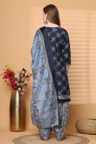 Rajnandini Navy Blue Cotton Blend Printed Ready to Wear Patiala Salwar Suit