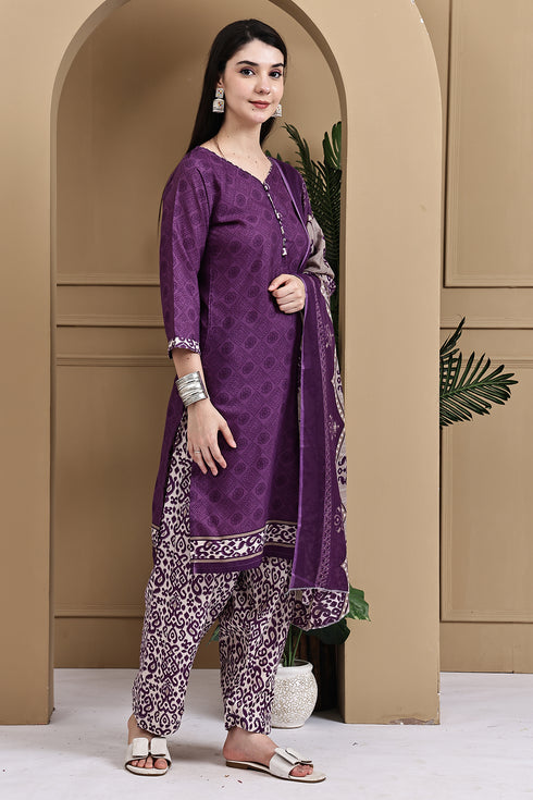 Purple Cotton Blend Printed Ready to Wear Patiala Salwar Suit