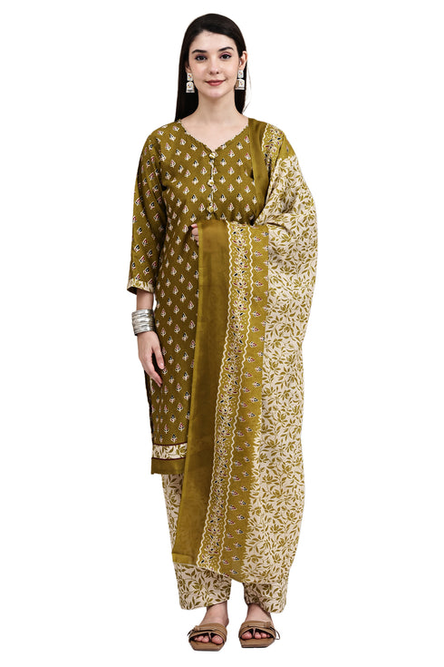 Green Cotton Blend Printed Ready to Wear Patiala Salwar Suit
