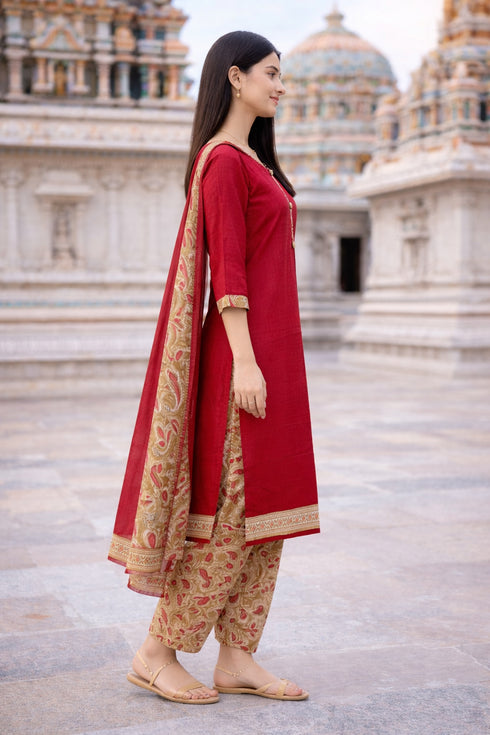 Maroon Cotton Blend Printed Ready to Wear Patiala Salwar Suit