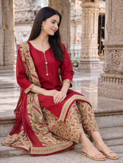 Maroon Cotton Blend Printed Ready to Wear Patiala Salwar Suit