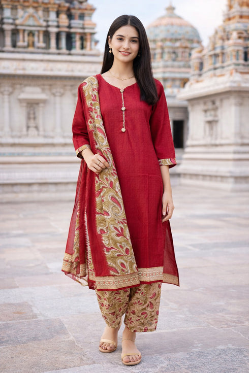 Maroon Cotton Blend Printed Ready to Wear Patiala Salwar Suit