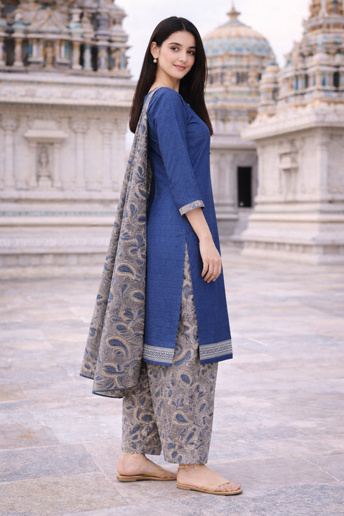 Blue Cotton Blend Printed Ready to Wear Patiala Salwar Suit