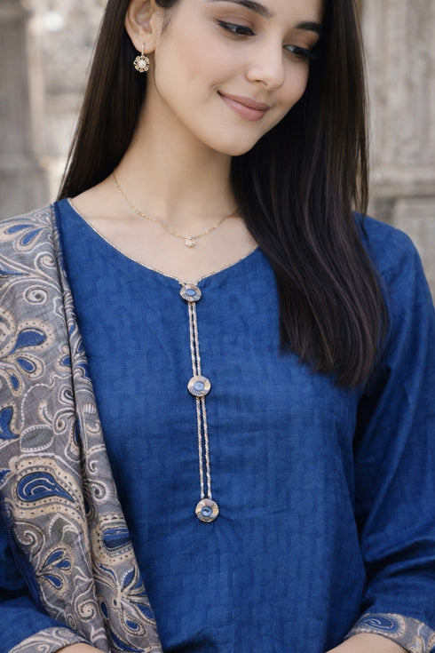 Blue Cotton Blend Printed Ready to Wear Patiala Salwar Suit