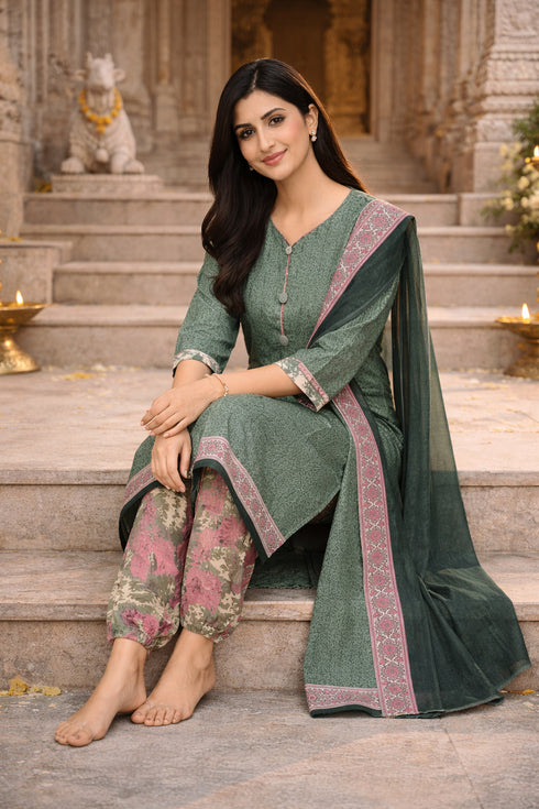 Olive Green Cotton Blend Printed Ready to Wear Patiala Salwar Suit