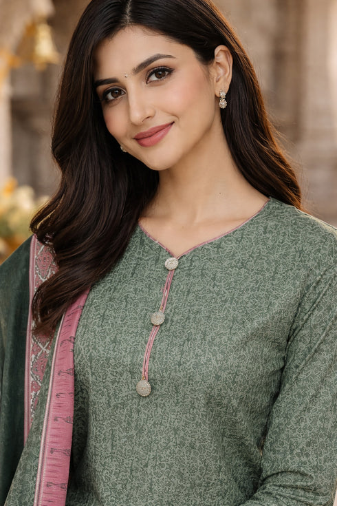 Olive Green Cotton Blend Printed Ready to Wear Patiala Salwar Suit