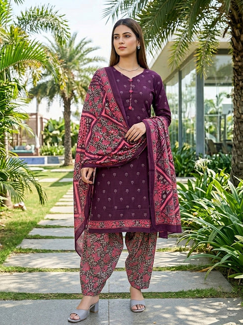 Wine Cotton Blend Printed Ready to Wear Patiala Salwar Suit