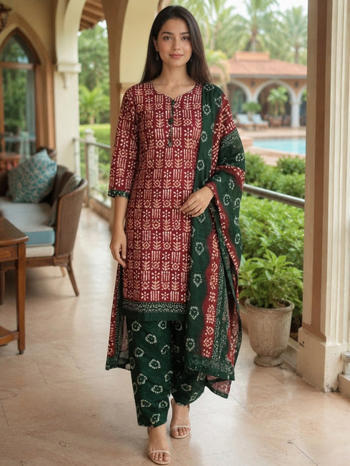 Maroon Cotton Blend Geometric Printed Ready to Wear Patiala Salwar Suit