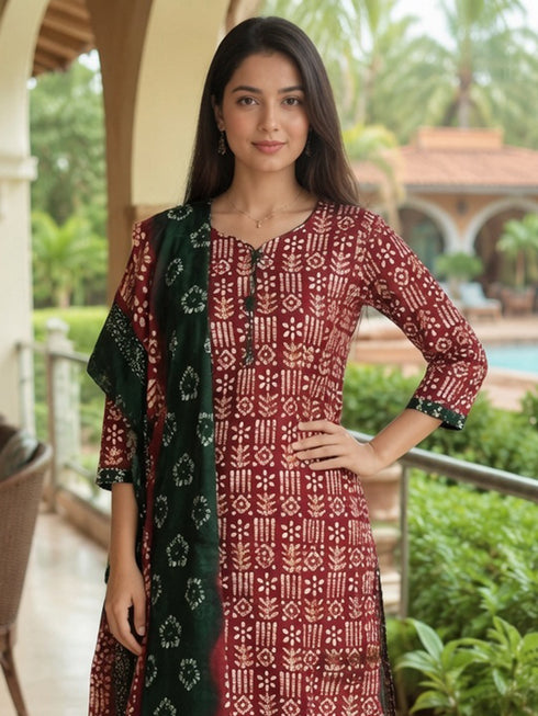 Maroon Cotton Blend Geometric Printed Ready to Wear Patiala Salwar Suit